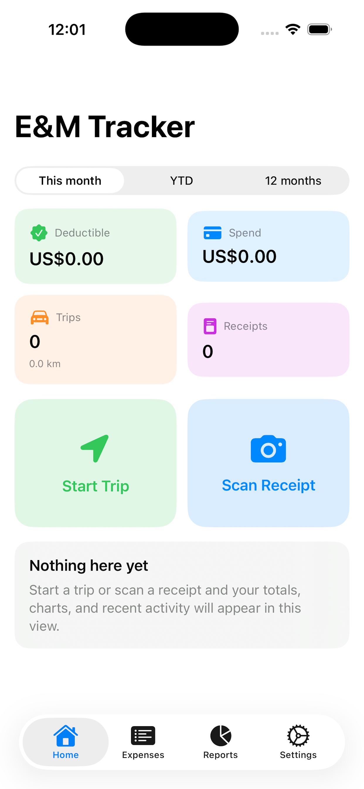 E&M Tracker home screen showing KPI tiles and quick actions